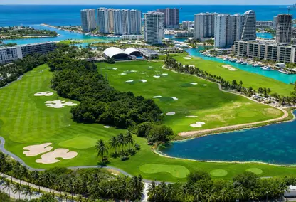 arial drone image of puerto cancun golf course
