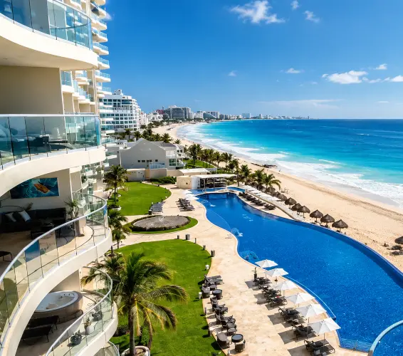 image from hotel balcony of pool and beachfront